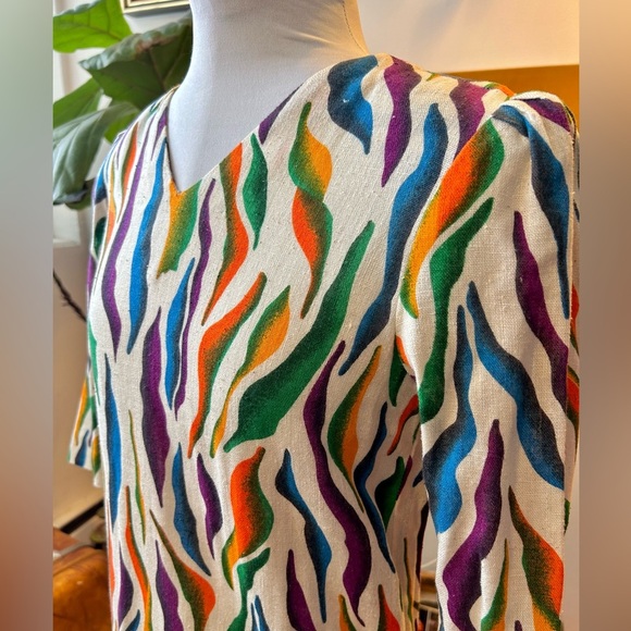80s/90s True Vintage Rainbow Zebra Print Linen Drop Waist Dress - Picture 3 of 10